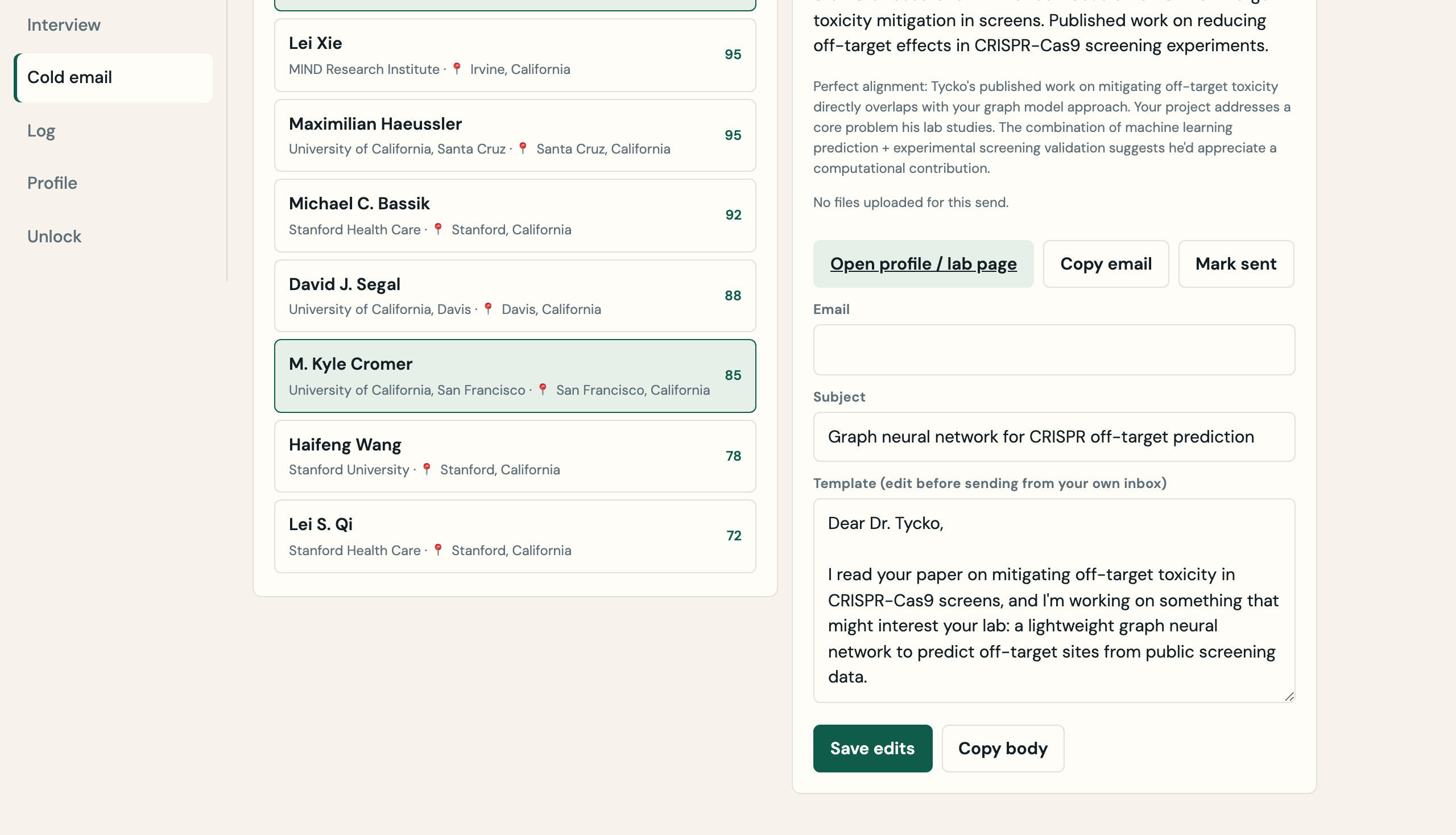 LabBound: a personalized cold email drafted for a specific professor