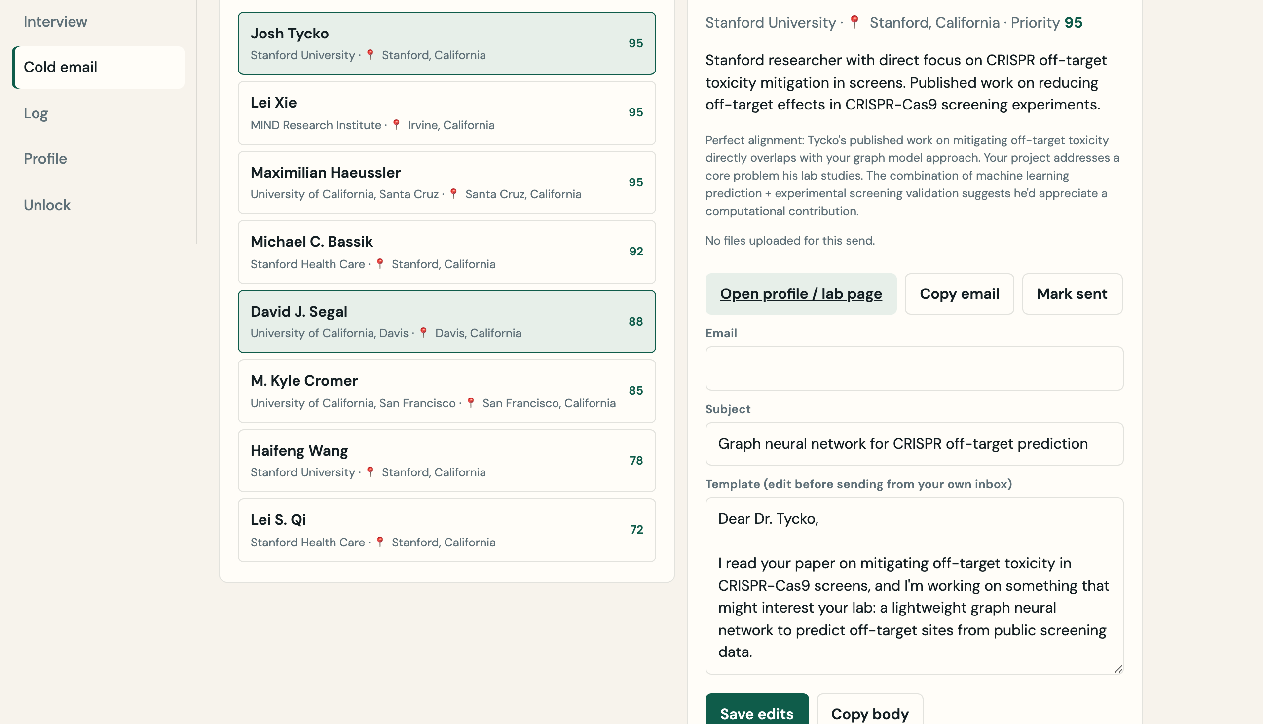 LabBound cold email tab: California professors ranked by research fit, with locations and priority scores