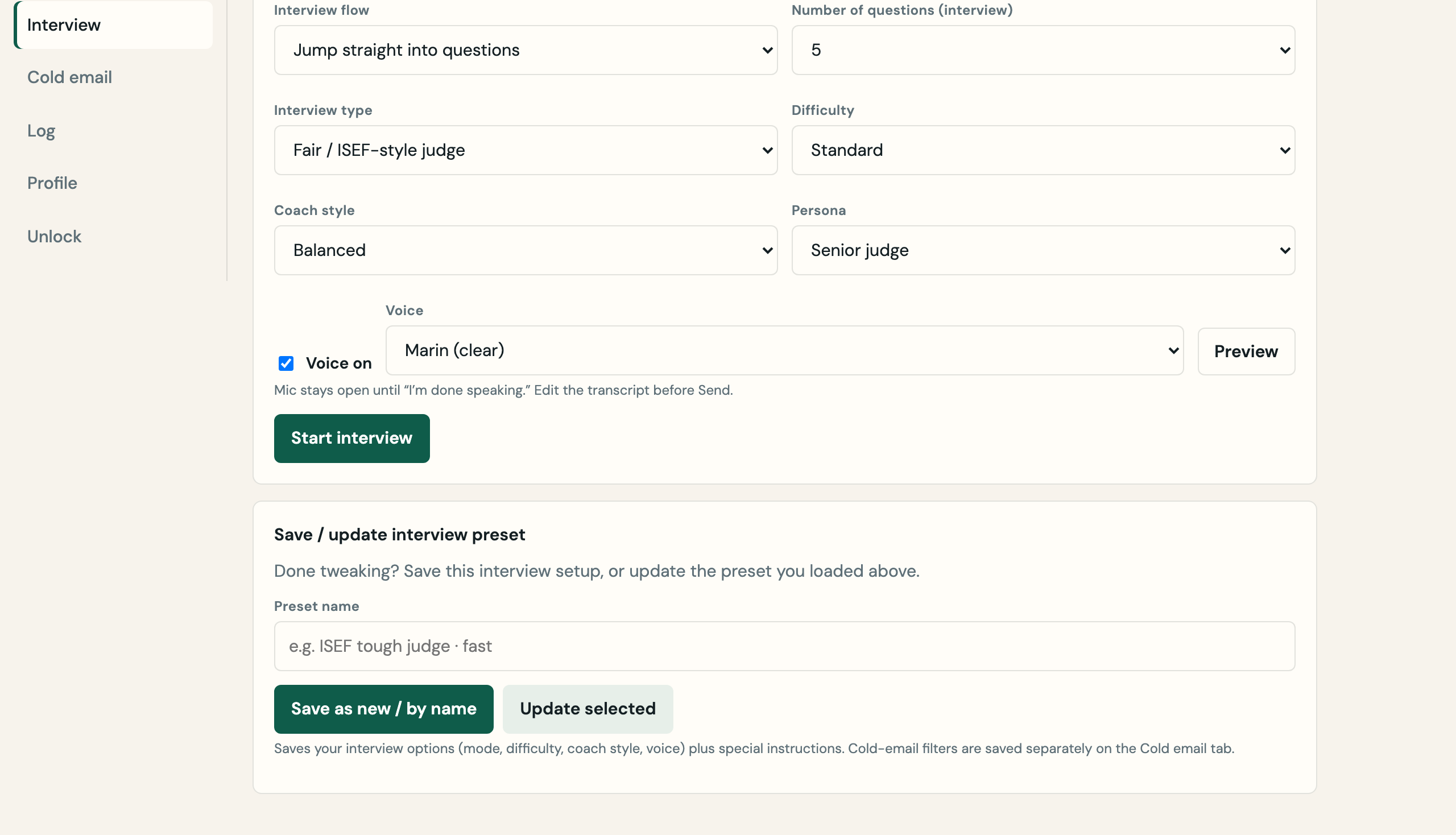 LabBound interview coach setup: mode, difficulty, coach style and project brief