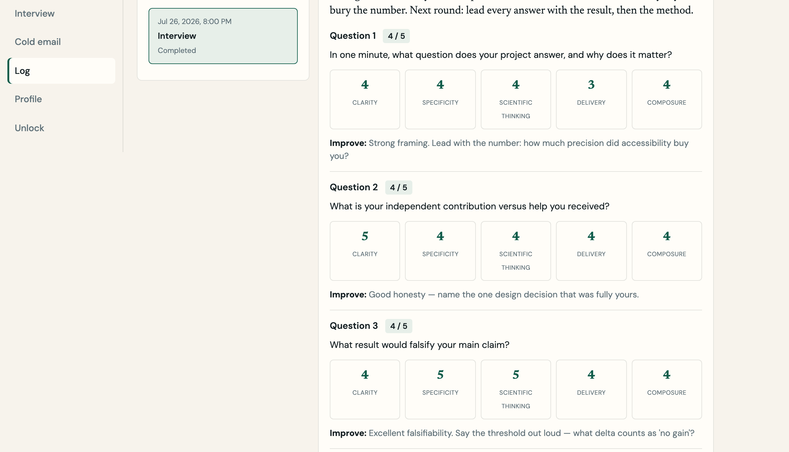 LabBound practice log: per-question scores for clarity, specificity, scientific thinking, delivery and composure